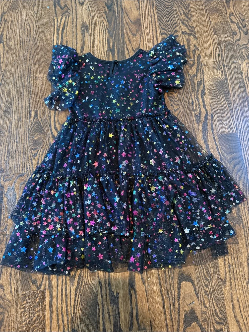 Lola + The Boys Black Tulle Tiered Dress with Multicolor Star Print